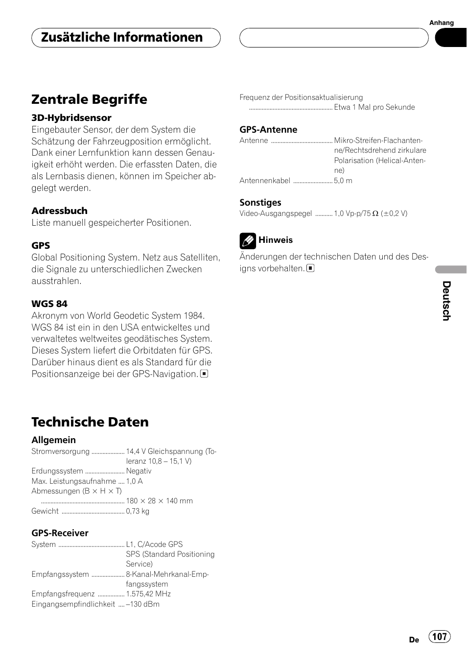 Zentrale begriffe 107, Technische daten 107, Zentrale begriffe | Technische daten, Zusätzliche informationen | Pioneer AVG-VDP1 User Manual | Page 107 / 108