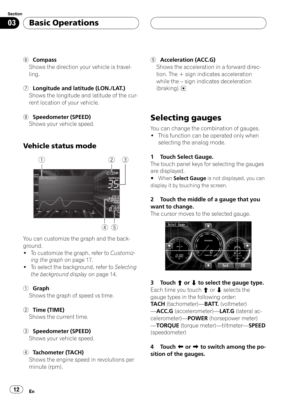 Selecting gauges 12, Selecting gauges, Basic operations | Pioneer AVG-VDP1 User Manual | Page 12 / 108