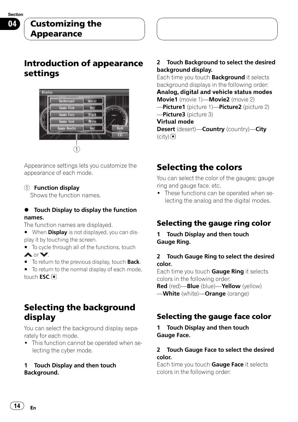 Selecting, Introduction of appearance settings, Selecting the background display | Selecting the colors, Customizing the appearance | Pioneer AVG-VDP1 User Manual | Page 14 / 108