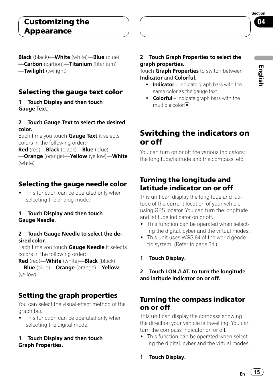 Switching the indicators on or off 15, Switching the indicators on or off on, Switching the indicators on or off | Customizing the appearance | Pioneer AVG-VDP1 User Manual | Page 15 / 108
