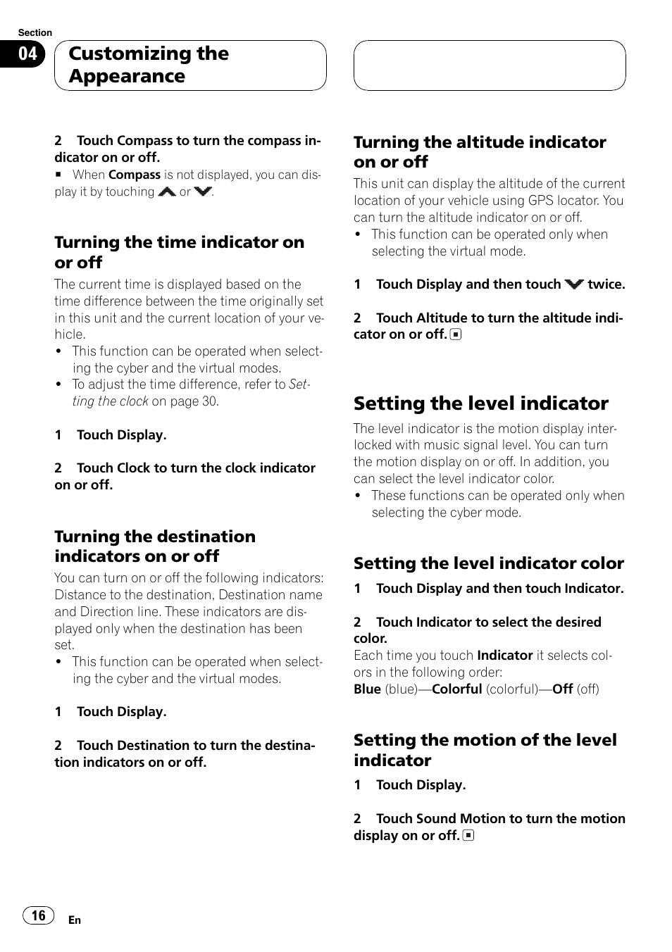 Setting the level indicator 16, Setting the level indicator, Customizing the appearance | Pioneer AVG-VDP1 User Manual | Page 16 / 108