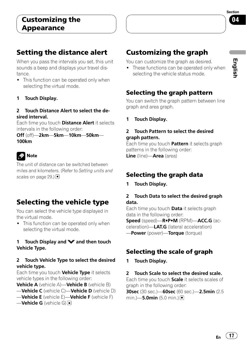 Customiz, Setting the distance alert, Selecting the vehicle type | Customizing the graph, Customizing the appearance | Pioneer AVG-VDP1 User Manual | Page 17 / 108