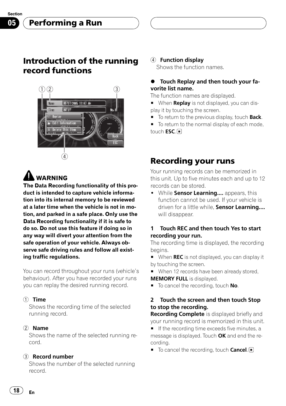 Functions 18, Recording your runs 18, Record | Introduction of the running record functions, Recording your runs, Performing a run | Pioneer AVG-VDP1 User Manual | Page 18 / 108