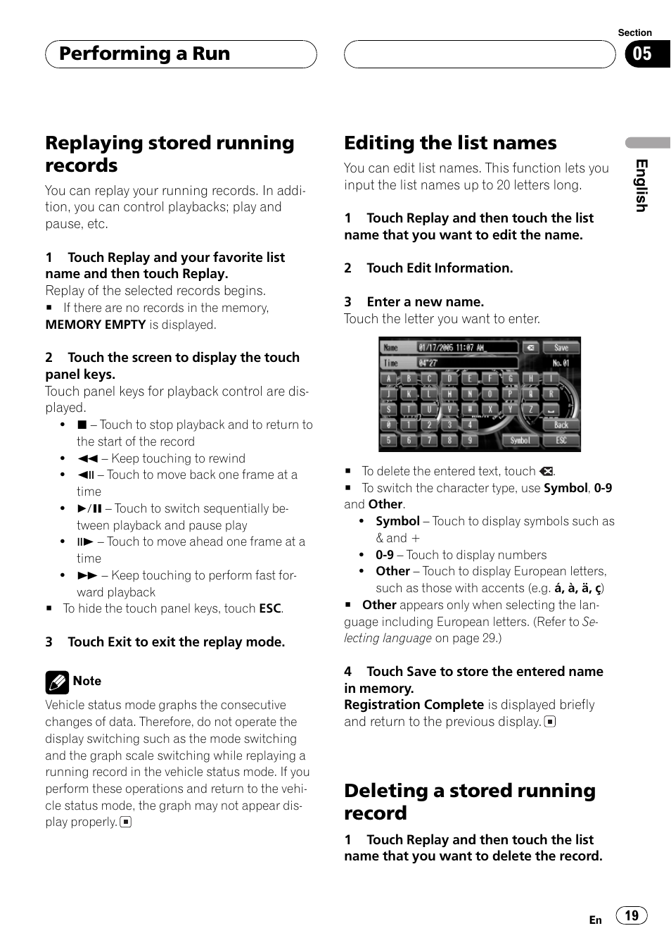 Replaying stored running records, Editing the list names, Deleting a stored running record | Performing a run | Pioneer AVG-VDP1 User Manual | Page 19 / 108