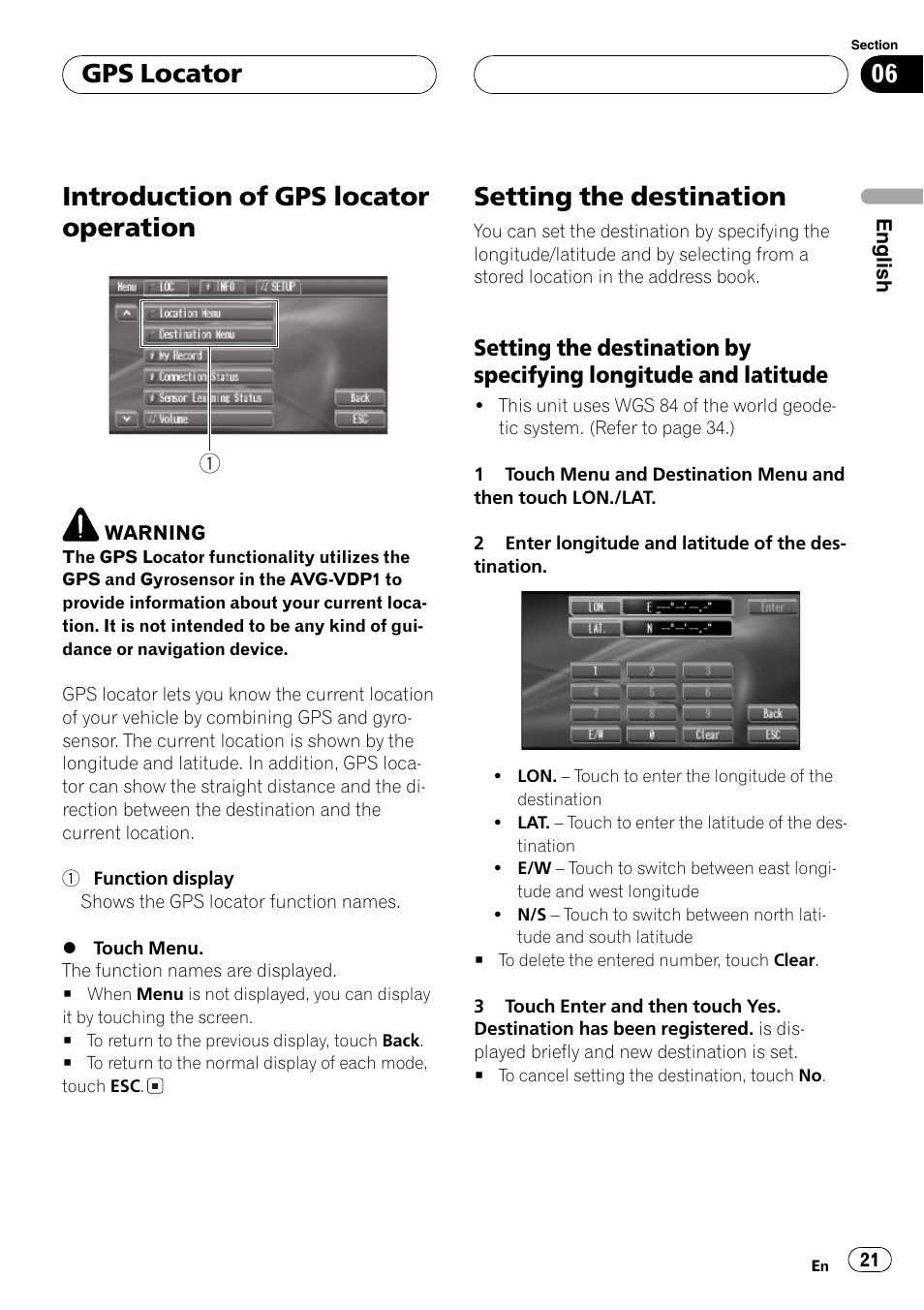 Setting the destination 21, Introduction of gps locator operation, Setting the destination | Gps locator | Pioneer AVG-VDP1 User Manual | Page 21 / 108