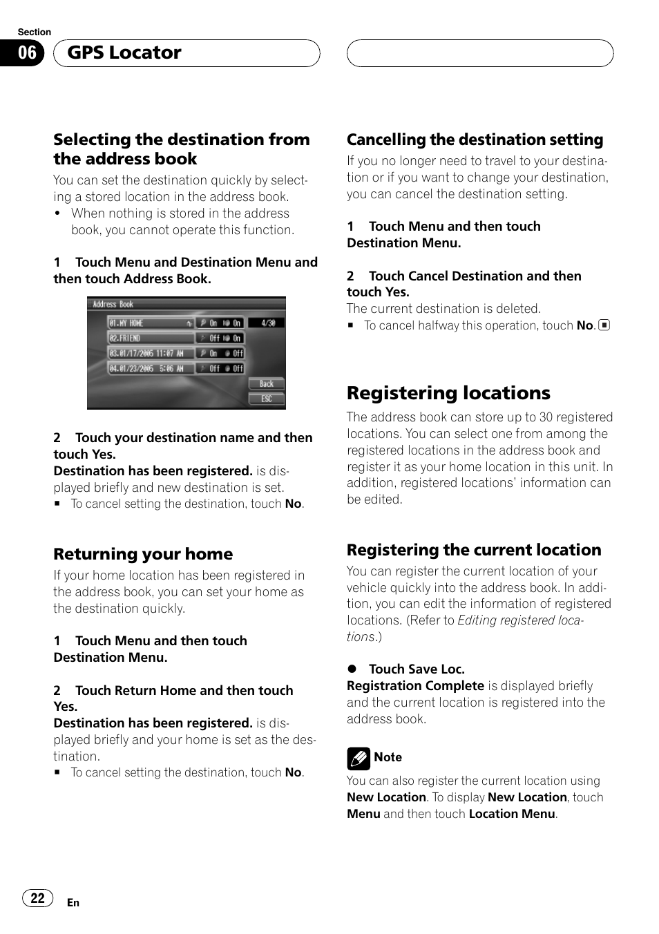 Registering locations 22, Registering the cur, Registering locations | Gps locator, Selecting the destination from the address book, Returning your home, Cancelling the destination setting, Registering the current location | Pioneer AVG-VDP1 User Manual | Page 22 / 108