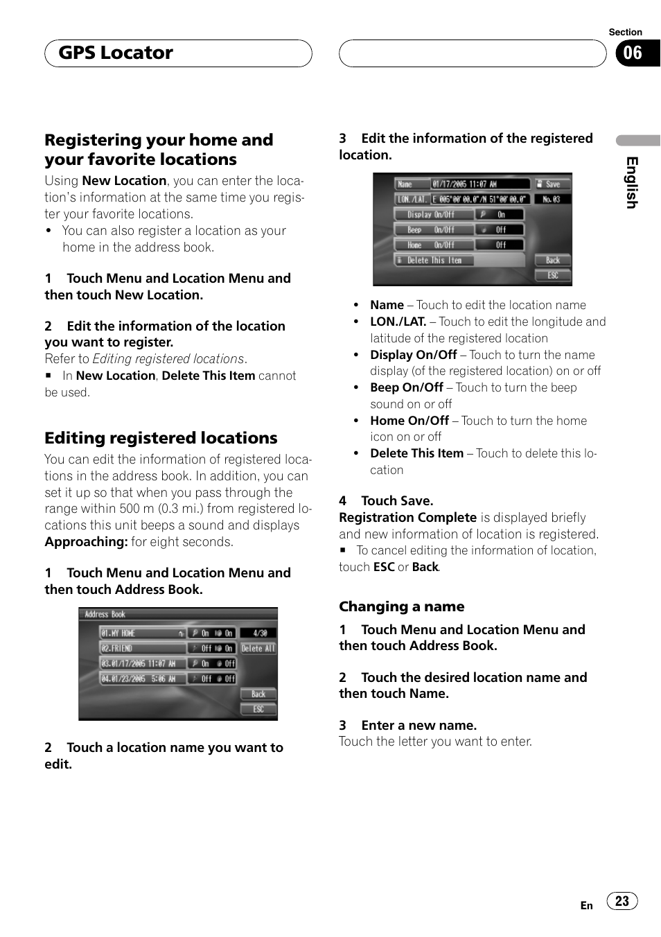 Gps locator, Registering your home and your favorite locations, Editing registered locations | Pioneer AVG-VDP1 User Manual | Page 23 / 108