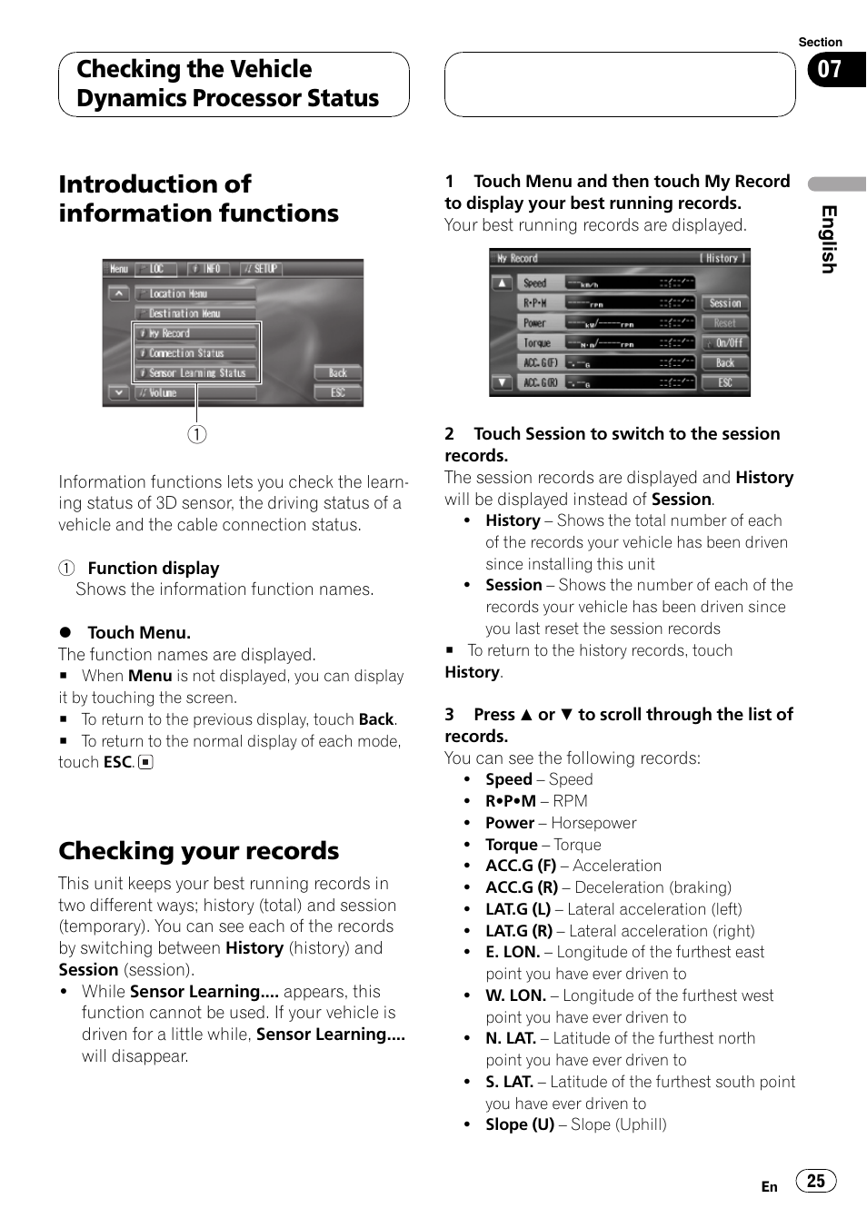 Introduction of information functions, Checking your records, Checking the vehicle dynamics processor status | Pioneer AVG-VDP1 User Manual | Page 25 / 108