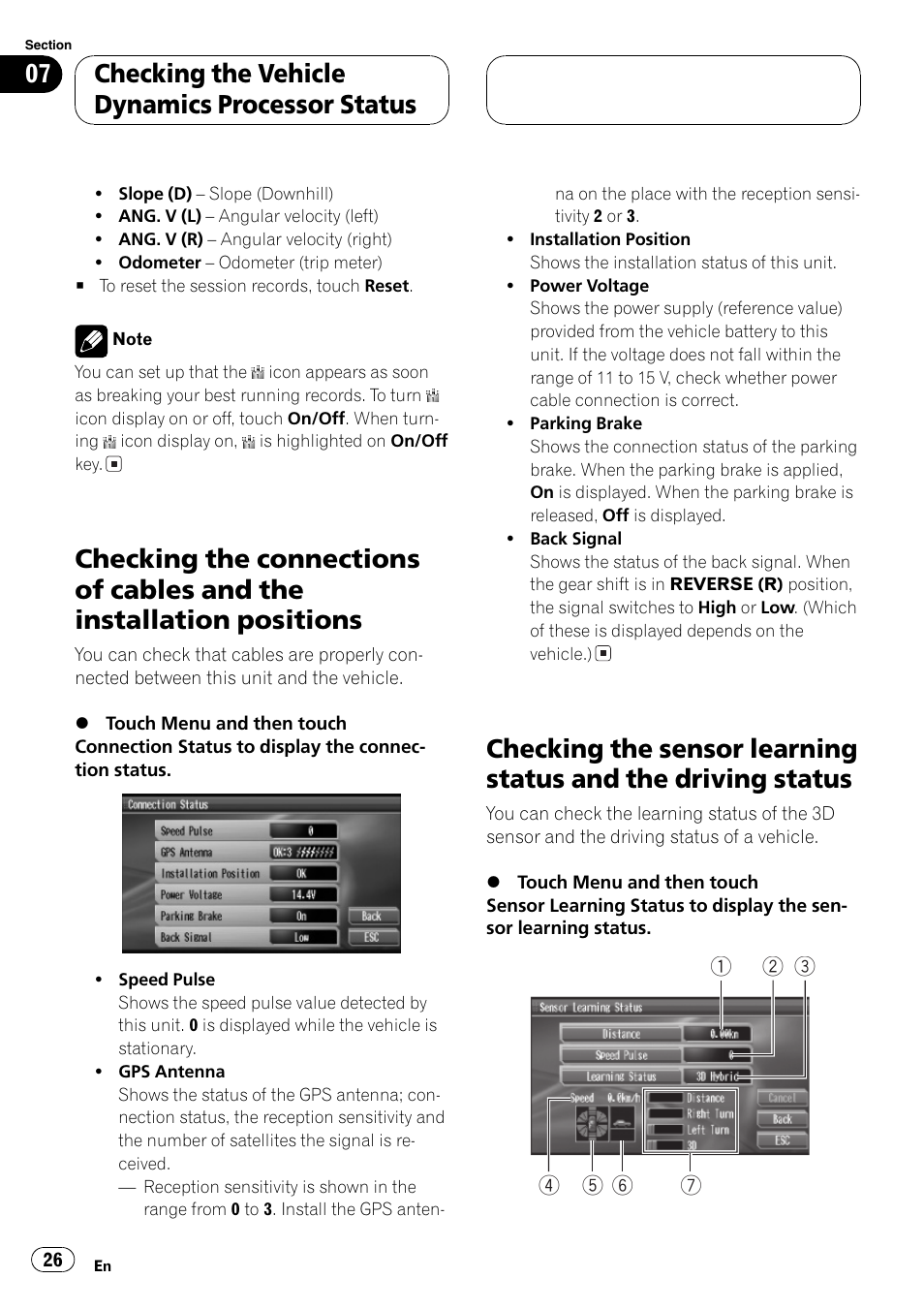 Checking the connections of cables and the, Installation positions 26, Checking the sensor learning status and the | Driving status 26, Checking the vehicle dynamics processor status | Pioneer AVG-VDP1 User Manual | Page 26 / 108