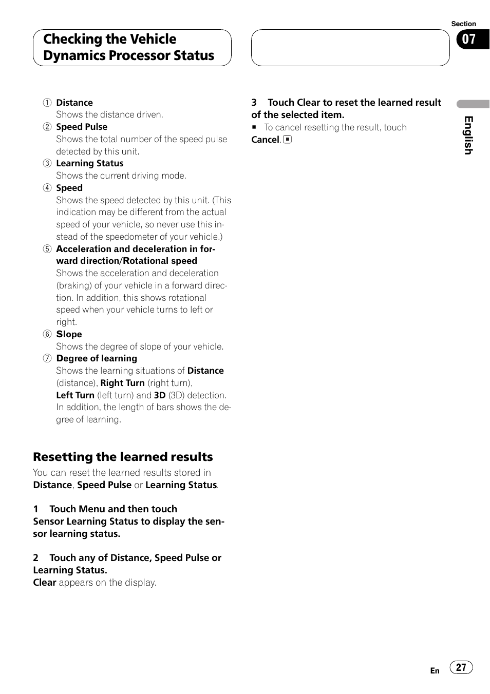 Checking the vehicle dynamics processor status, Resetting the learned results | Pioneer AVG-VDP1 User Manual | Page 27 / 108