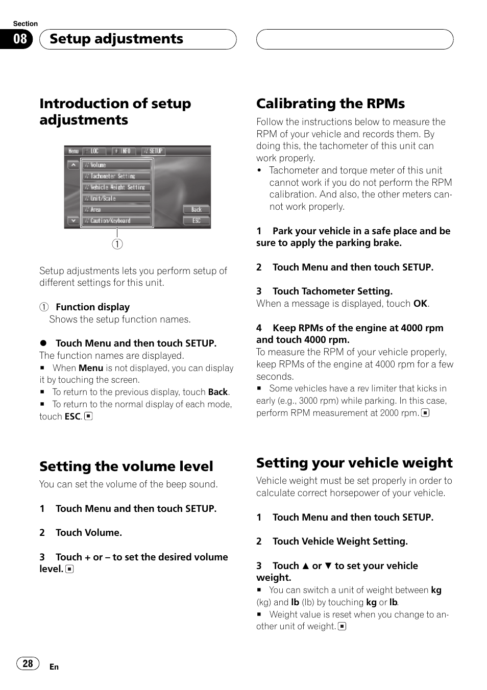 Introduction of setup adjustments, Setting the volume level, Calibrating the rpms | Setting your vehicle weight, Setup adjustments | Pioneer AVG-VDP1 User Manual | Page 28 / 108