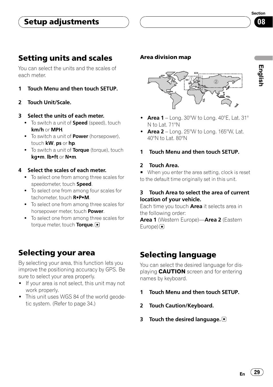Setting units and scales, Selecting your area, Selecting language | Setup adjustments | Pioneer AVG-VDP1 User Manual | Page 29 / 108