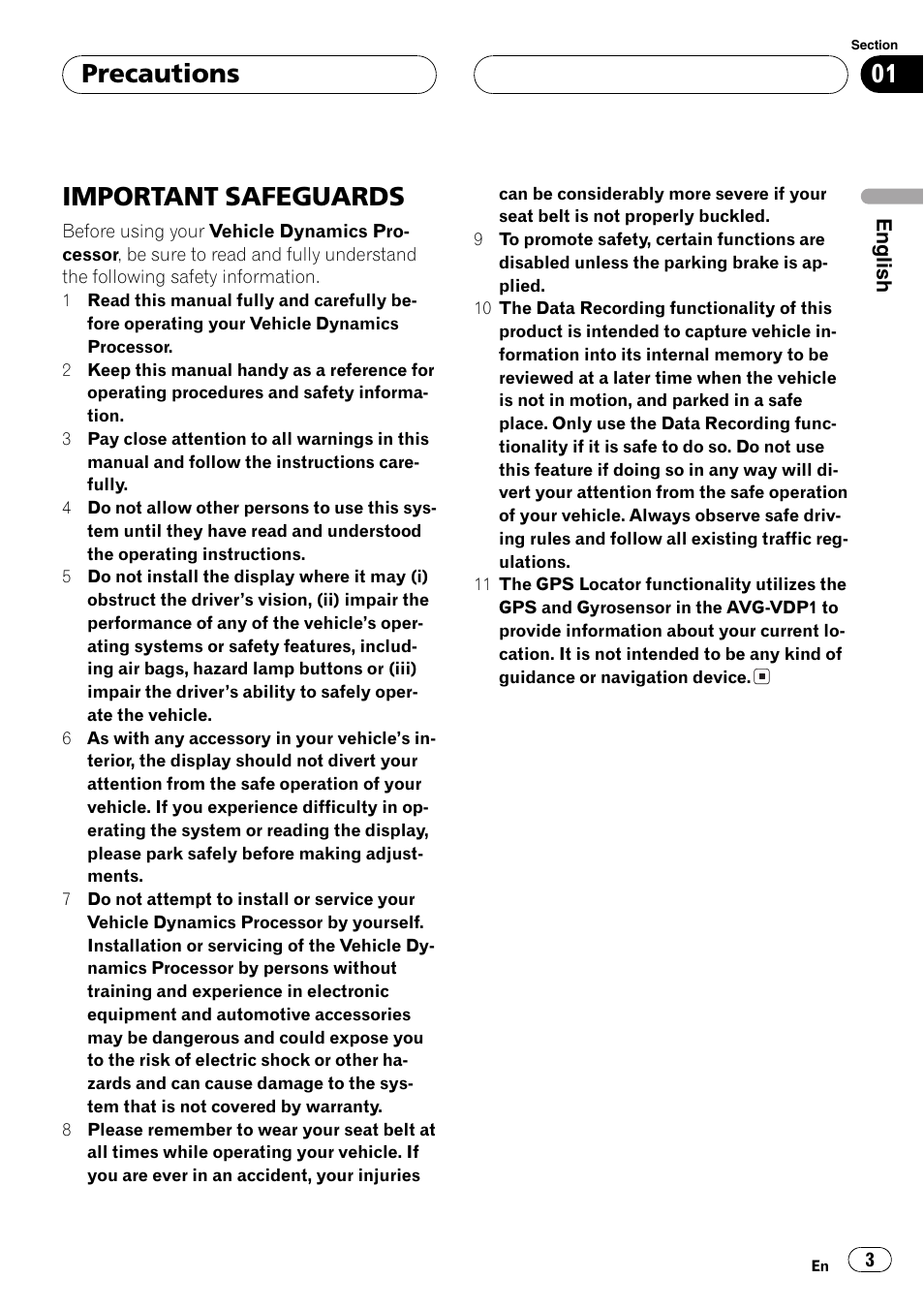 Precautions important safeguards 3, Important safeguards, Precautions | Pioneer AVG-VDP1 User Manual | Page 3 / 108
