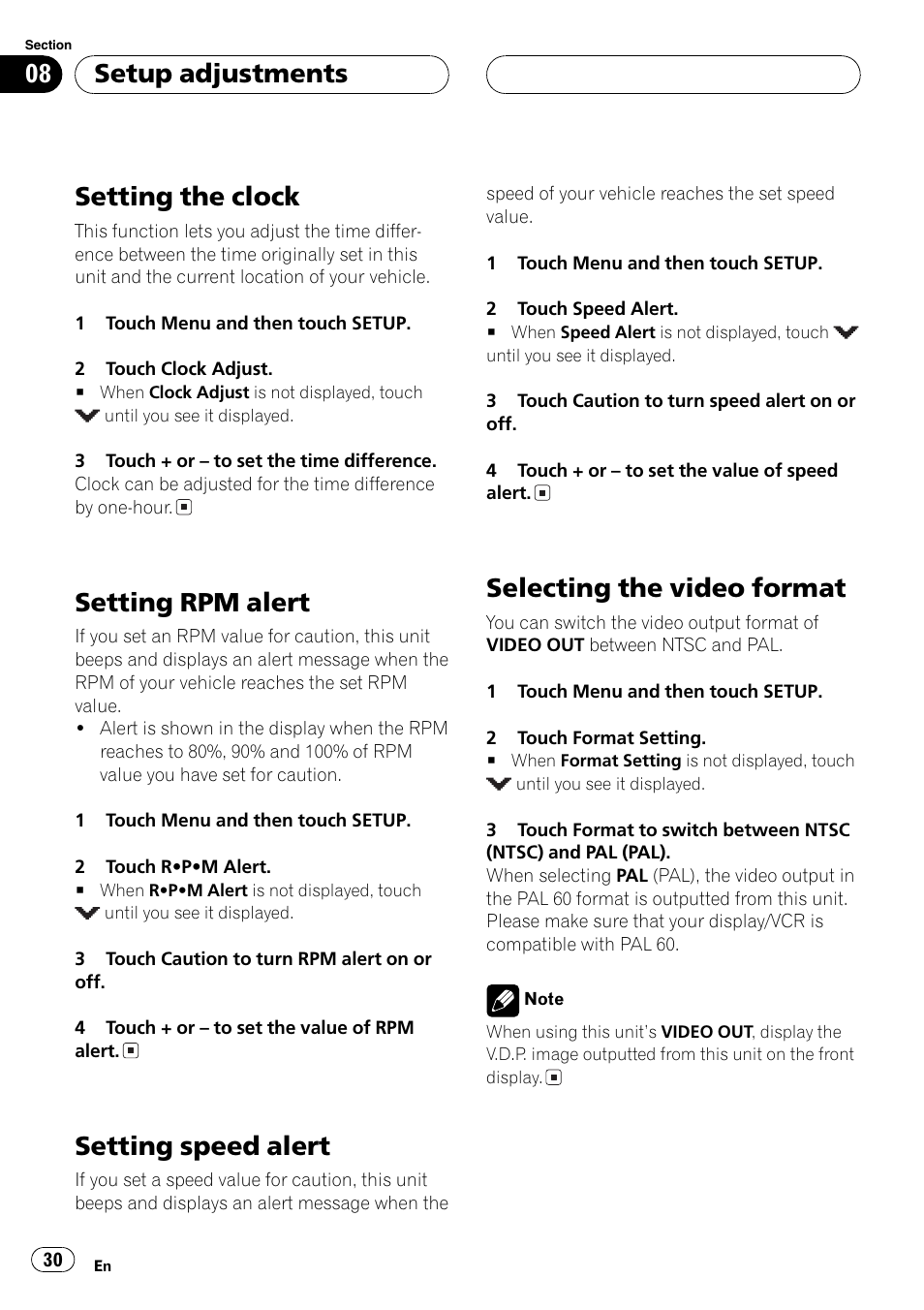 Selecting the video format on, Setting the clock, Setting rpm alert | Setting speed alert, Selecting the video format, Setup adjustments | Pioneer AVG-VDP1 User Manual | Page 30 / 108