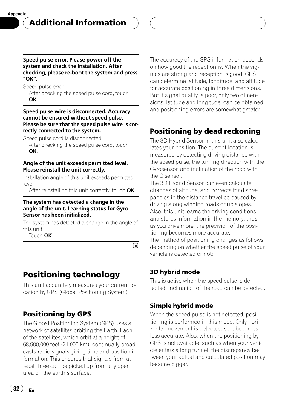 Positioning technology 32, Positioning technology, Additional information | Positioning by gps, Positioning by dead reckoning | Pioneer AVG-VDP1 User Manual | Page 32 / 108