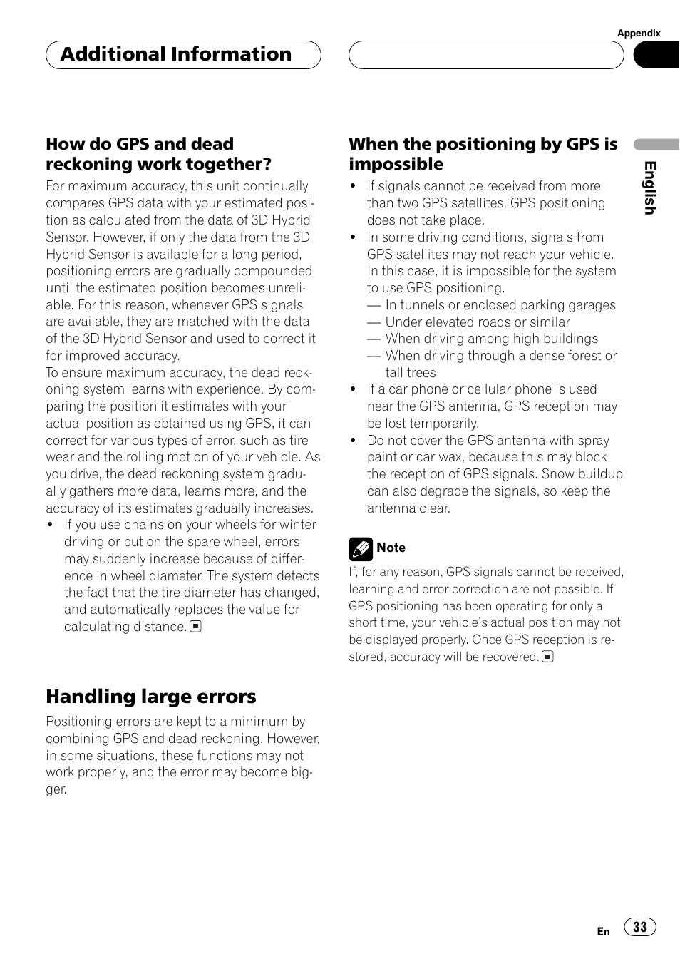 Handling large errors 33, Handling large errors, Additional information | How do gps and dead reckoning work together, When the positioning by gps is impossible | Pioneer AVG-VDP1 User Manual | Page 33 / 108