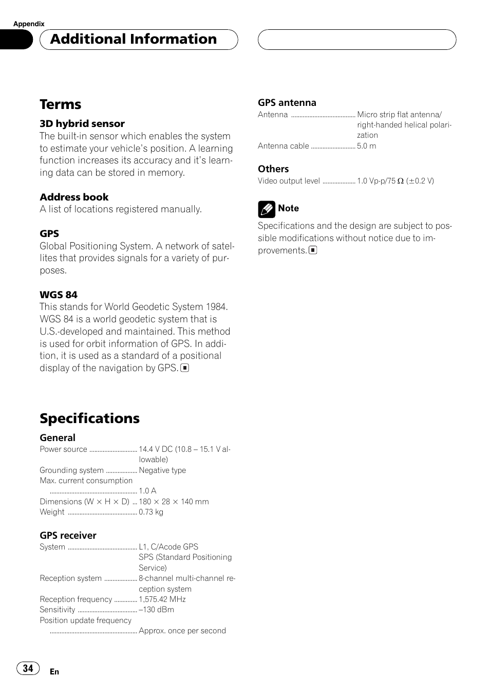 Terms 34 specifications 34, Terms, Specifications | Additional information | Pioneer AVG-VDP1 User Manual | Page 34 / 108