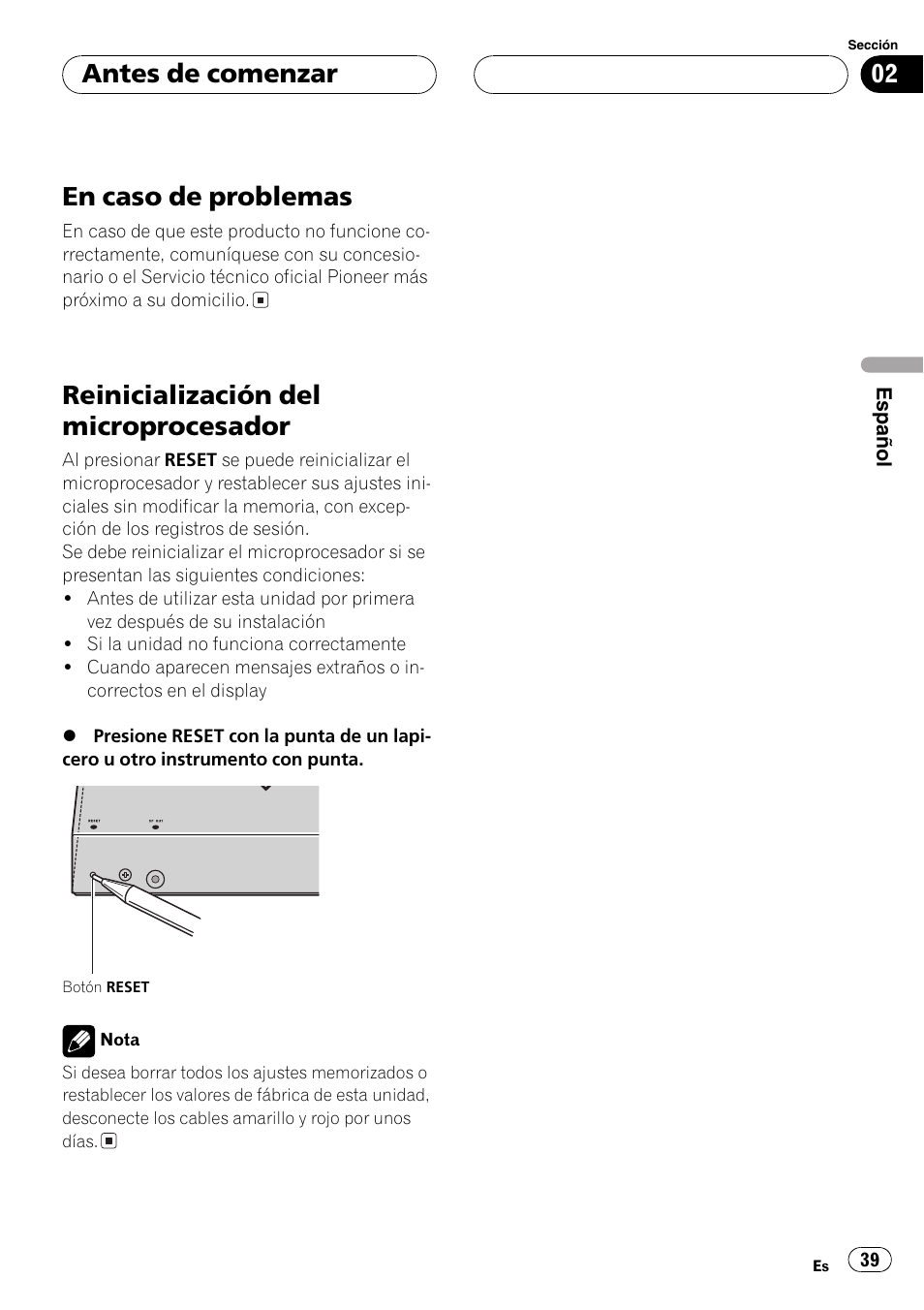 En caso de problemas 39, Reinicialización del microprocesador 39, En caso de problemas | Reinicialización del microprocesador, Antes de comenzar | Pioneer AVG-VDP1 User Manual | Page 39 / 108