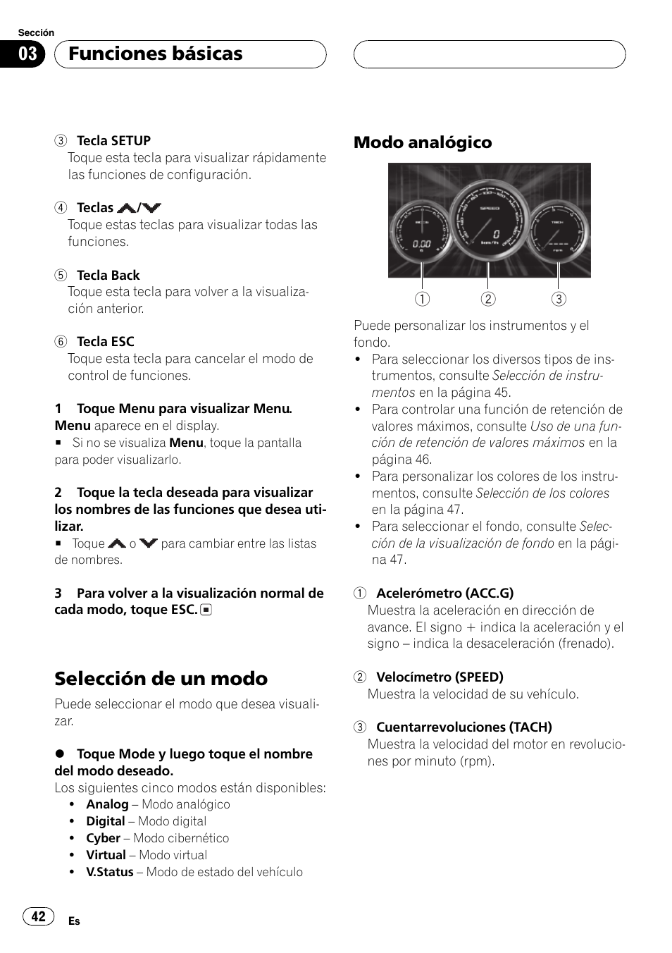 Selección de un modo 42, Selección de un modo en, Selección de un modo | Funciones básicas, Modo analógico | Pioneer AVG-VDP1 User Manual | Page 42 / 108