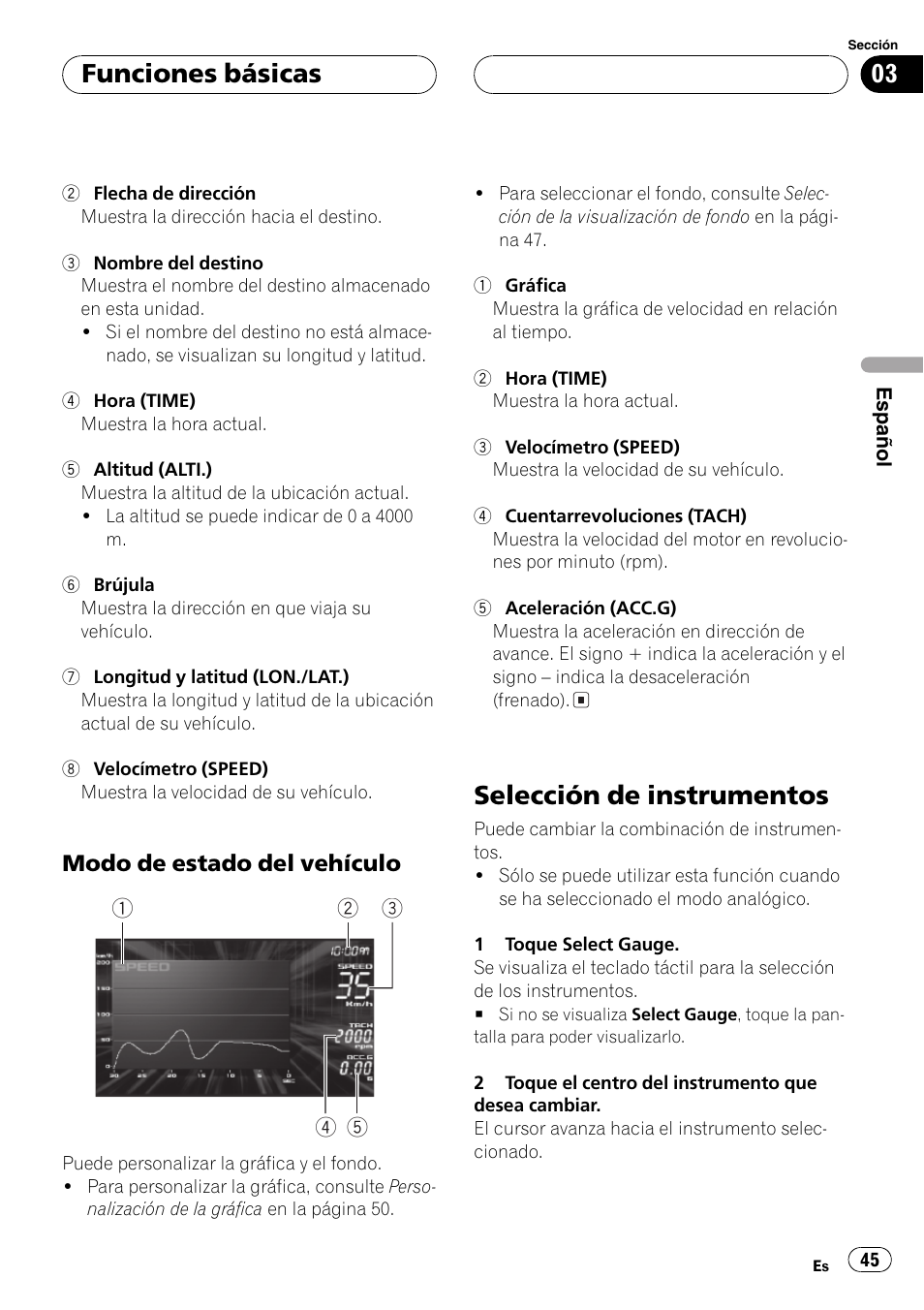 Selección de instrumentos 45, Selección de, Selección de instru | Selección de instrumentos, Funciones básicas, Modo de estado del vehículo | Pioneer AVG-VDP1 User Manual | Page 45 / 108