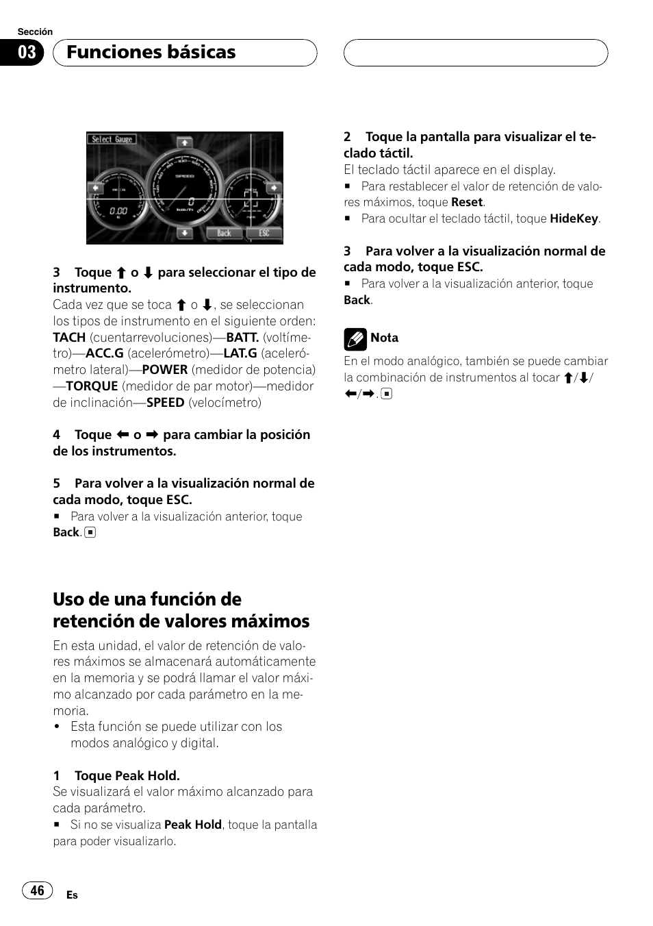 Uso de una función de retención de valores, Máximos 46, Uso de una fun | Ción de retención de valores máximos en la, Uso de una función de retención de valores máximos, Funciones básicas | Pioneer AVG-VDP1 User Manual | Page 46 / 108