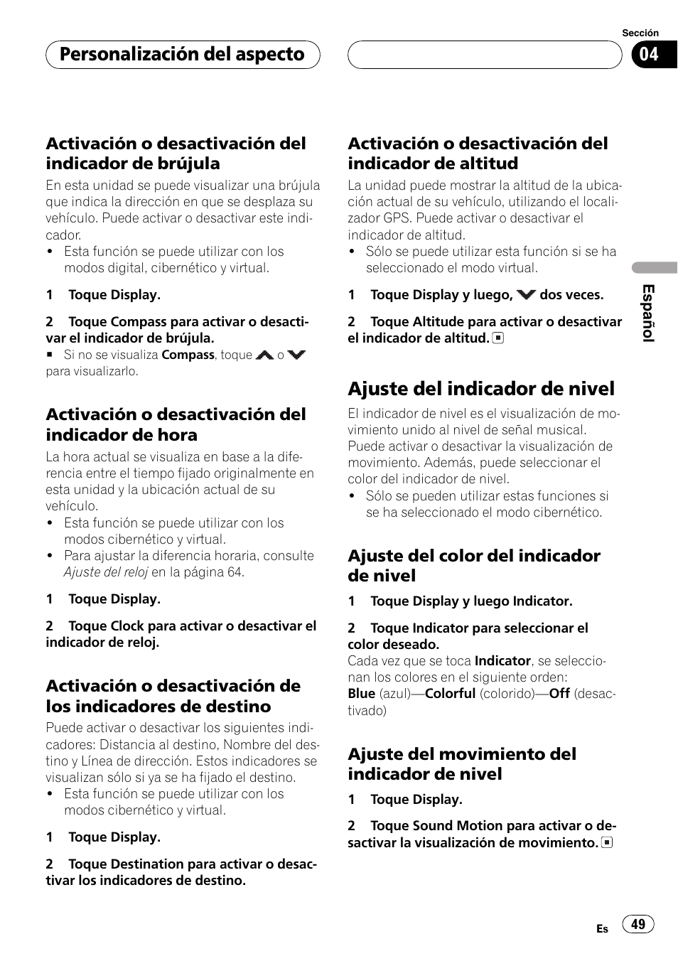 Ajuste del indicador de nivel 49, Ajuste del indicador de nivel, Personalización del aspecto | Pioneer AVG-VDP1 User Manual | Page 49 / 108