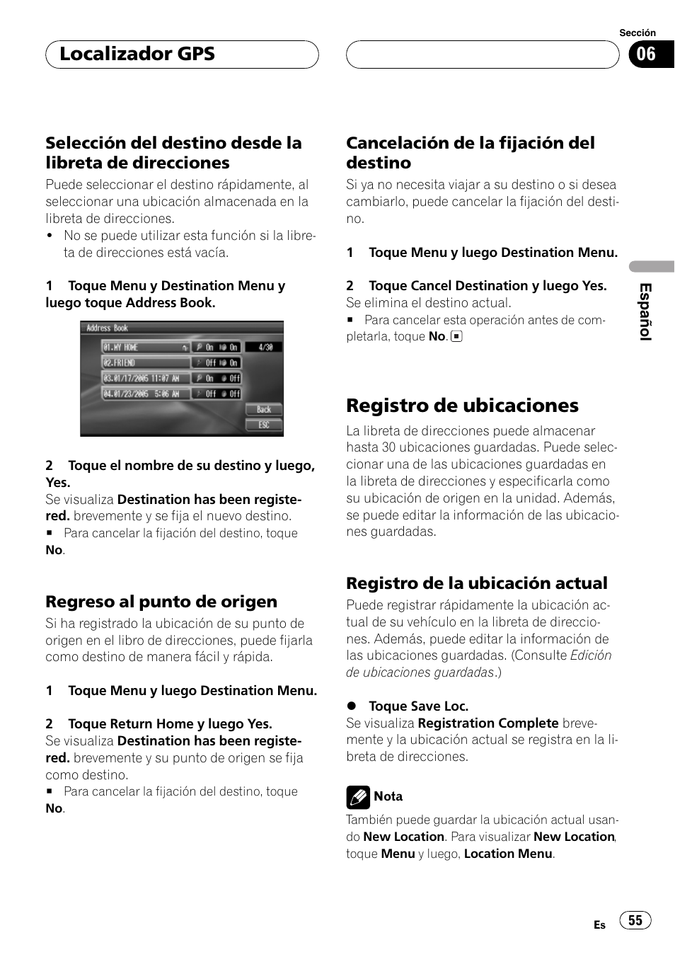 Registro de ubicaciones 55, Registro de, Registro de ubicaciones | Localizador gps | Pioneer AVG-VDP1 User Manual | Page 55 / 108