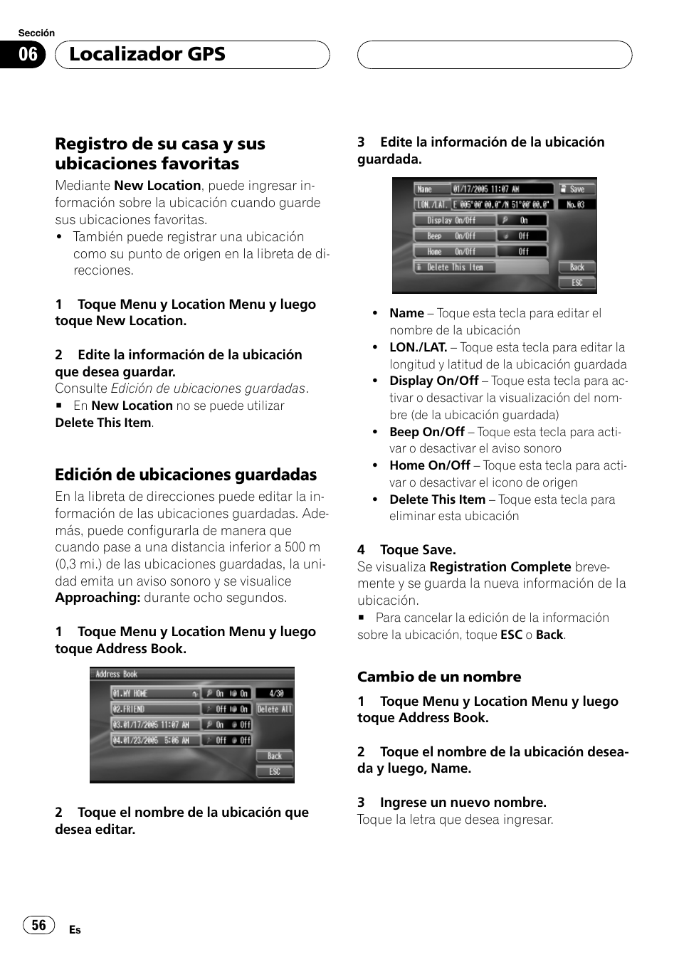 Localizador gps, Registro de su casa y sus ubicaciones favoritas, Edición de ubicaciones guardadas | Pioneer AVG-VDP1 User Manual | Page 56 / 108