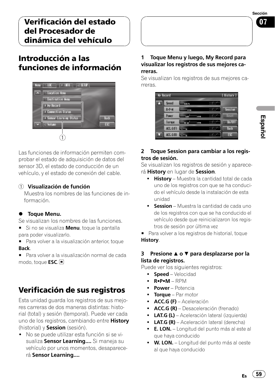 Introducción a las funciones de, Información 59, Verificación de sus registros 59 | Introducción a las funciones de información, Verificación de sus registros | Pioneer AVG-VDP1 User Manual | Page 59 / 108