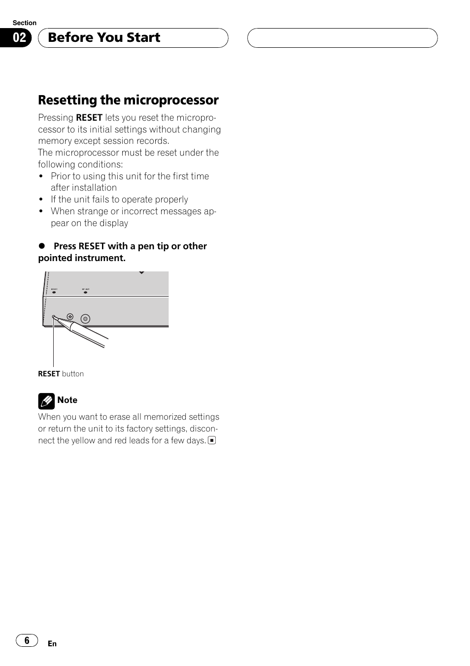 Resetting the microprocessor 6, Resetting the microprocessor, Before you start | Pioneer AVG-VDP1 User Manual | Page 6 / 108