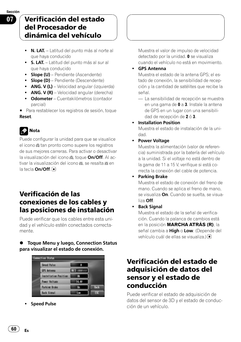 Verificación de las conexiones de los cables y, Las posiciones de instalación 60, Verificación del estado de adquisición de | Datos del sensor y el estado de, Conducción 60 | Pioneer AVG-VDP1 User Manual | Page 60 / 108