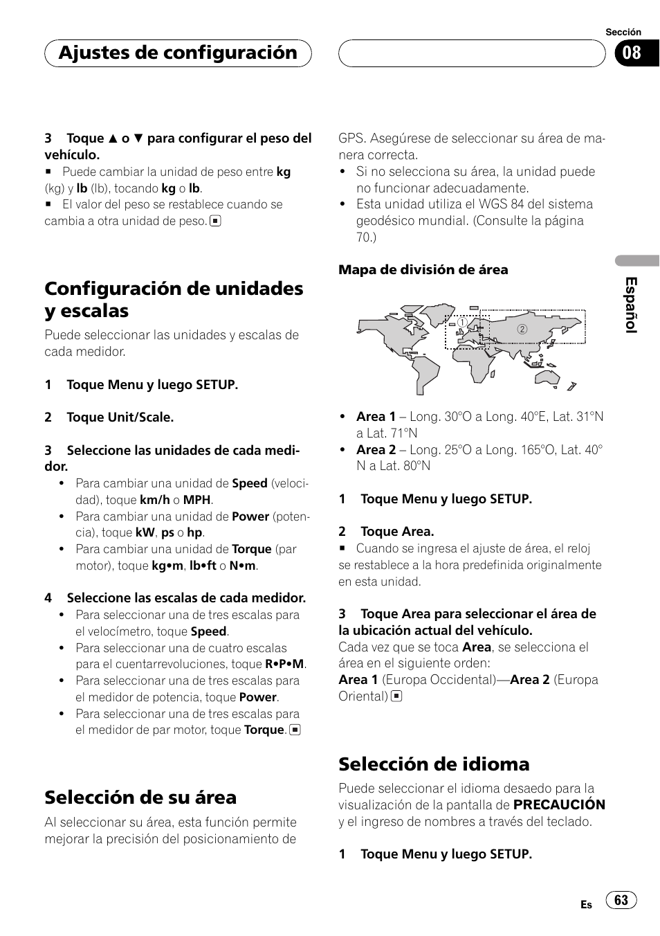 Configuración de unidades y escalas 63, Selección de su área 63, Selección de idioma 63 | Configuración de unidades y escalas, Selección de su área, Selección de idioma, Ajustes de configuración | Pioneer AVG-VDP1 User Manual | Page 63 / 108