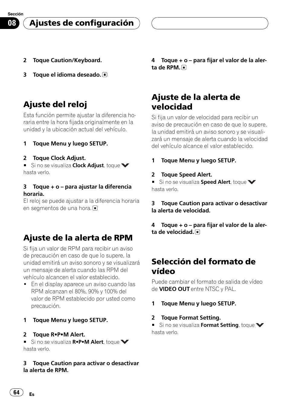 Ajuste del reloj 64, Ajuste de la alerta de rpm 64, Ajuste de la alerta de velocidad 64 | Selección del formato de vídeo 64, Selección del formato de vídeo, Ajuste del reloj, Ajuste de la alerta de rpm, Ajuste de la alerta de velocidad, Ajustes de configuración | Pioneer AVG-VDP1 User Manual | Page 64 / 108