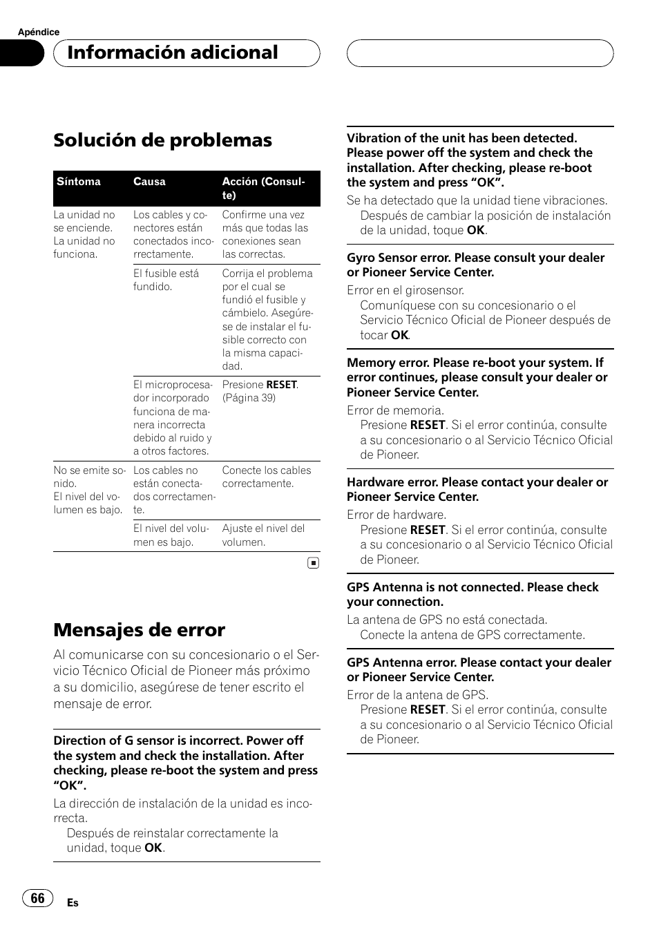 Información adicional, Solución de problemas 66, Mensajes de error 66 | Solución de problemas, Mensajes de error | Pioneer AVG-VDP1 User Manual | Page 66 / 108