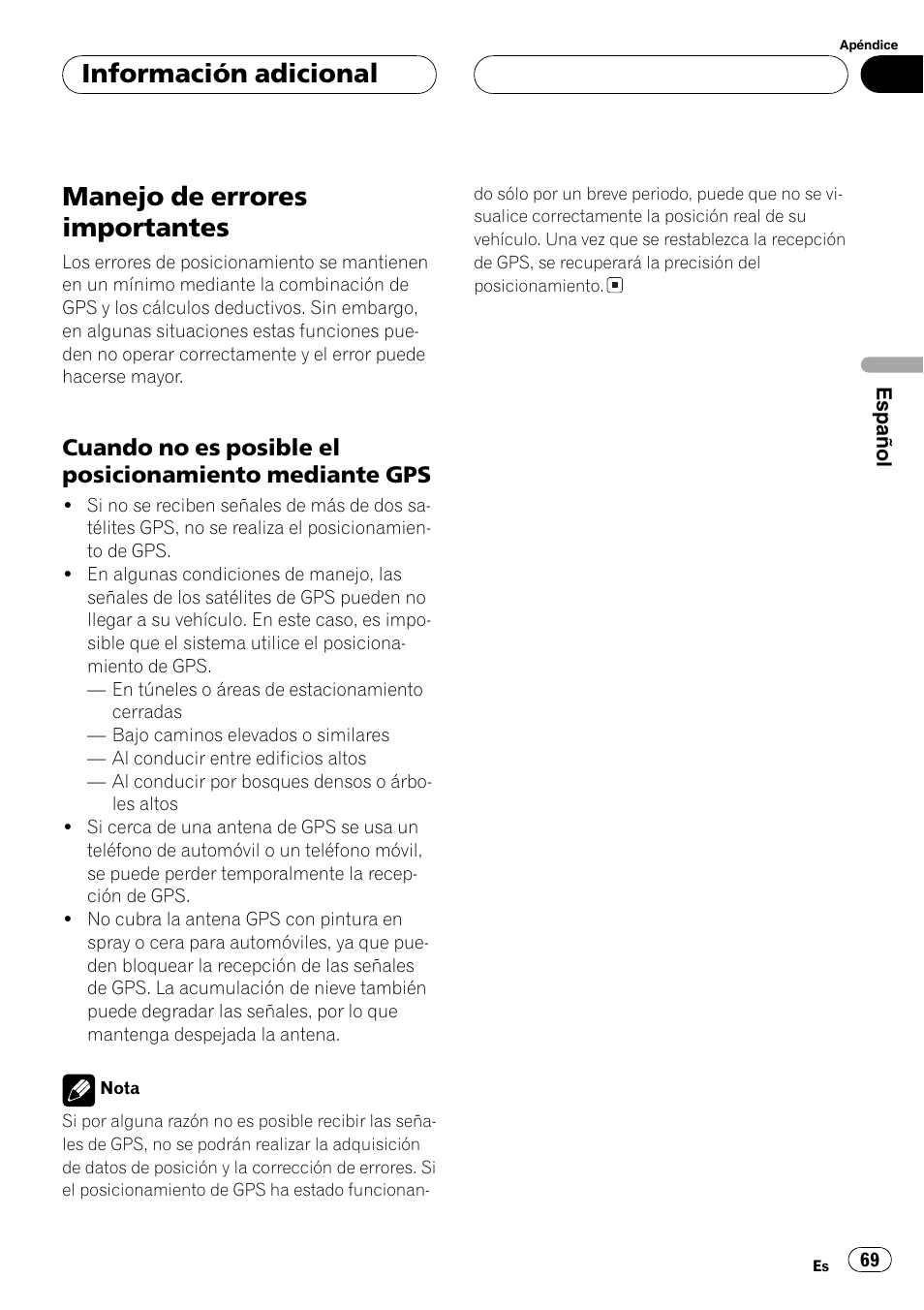 Manejo de errores importantes 69, Manejo de errores importantes, Información adicional | Pioneer AVG-VDP1 User Manual | Page 69 / 108