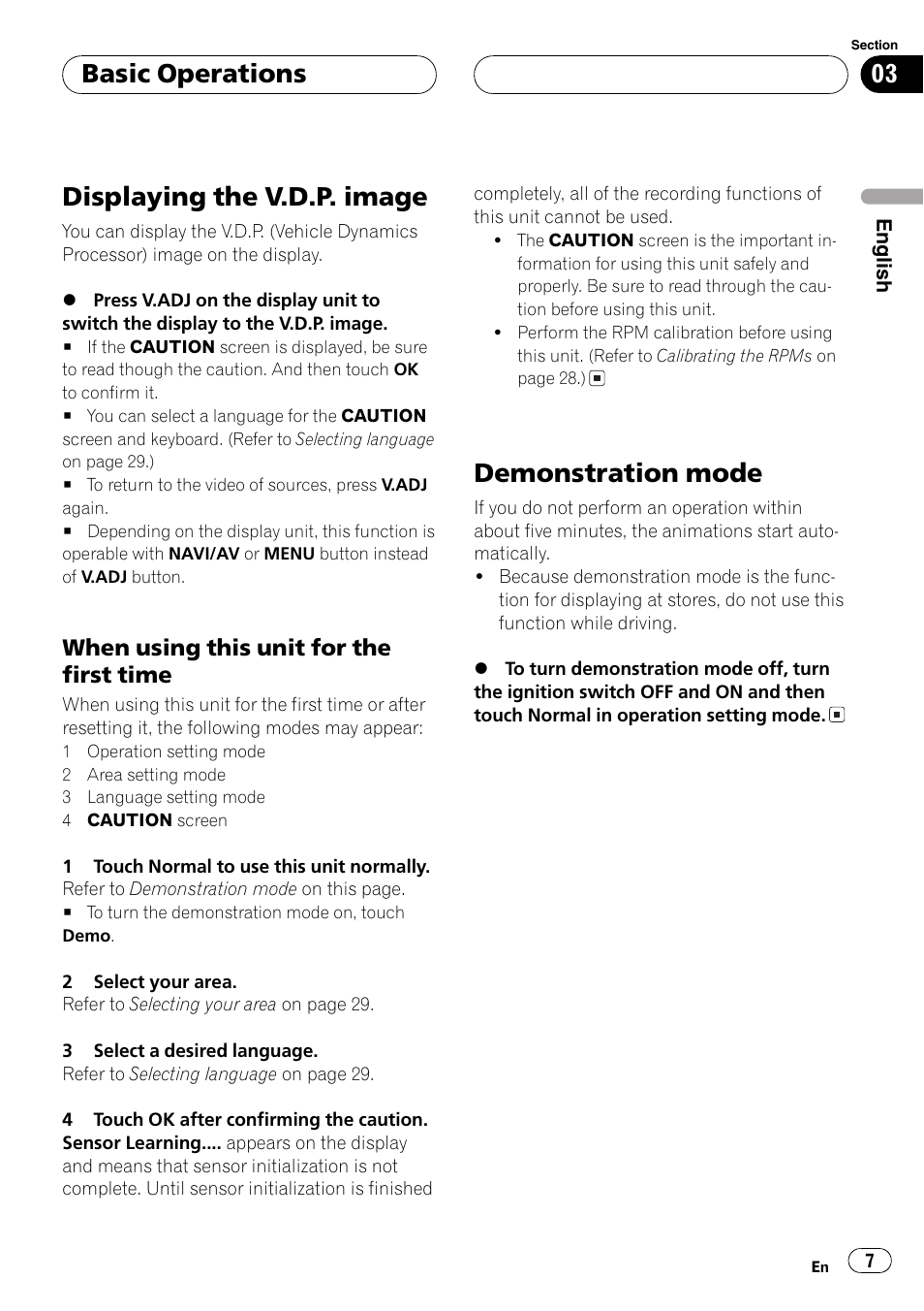 Displaying the v.d.p, Displaying the v.d.p. image, Demonstration mode | Basic operations | Pioneer AVG-VDP1 User Manual | Page 7 / 108
