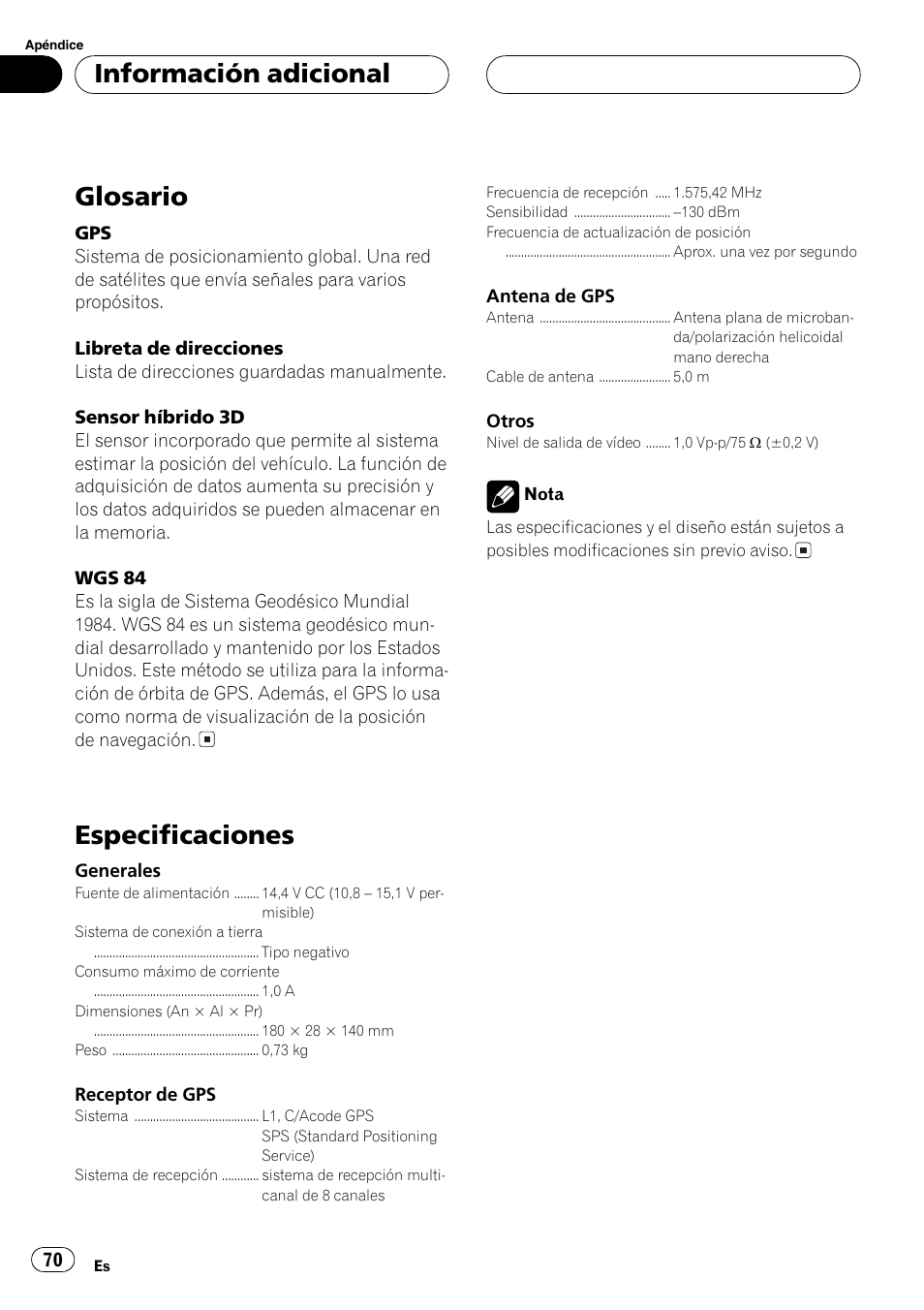 Glosario 70, Especificaciones 70, Glosario | Especificaciones, Información adicional | Pioneer AVG-VDP1 User Manual | Page 70 / 108