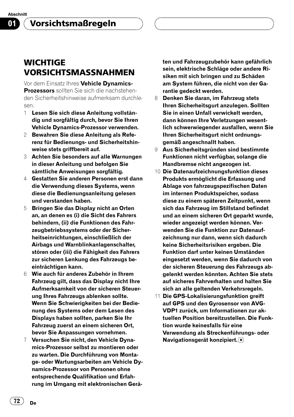 Vorsichtsmaßregeln wichtige vorsichtsmassnahmen 72, Wichtige vorsichtsmassnahmen, Vorsichtsmaßregeln | Pioneer AVG-VDP1 User Manual | Page 72 / 108