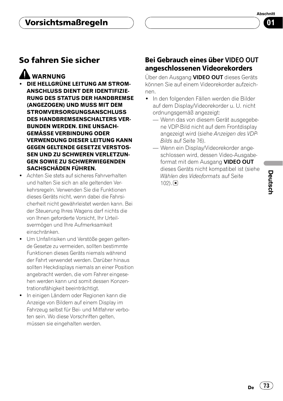 So fahren sie sicher 73, So fahren sie sicher, Vorsichtsmaßregeln | Pioneer AVG-VDP1 User Manual | Page 73 / 108