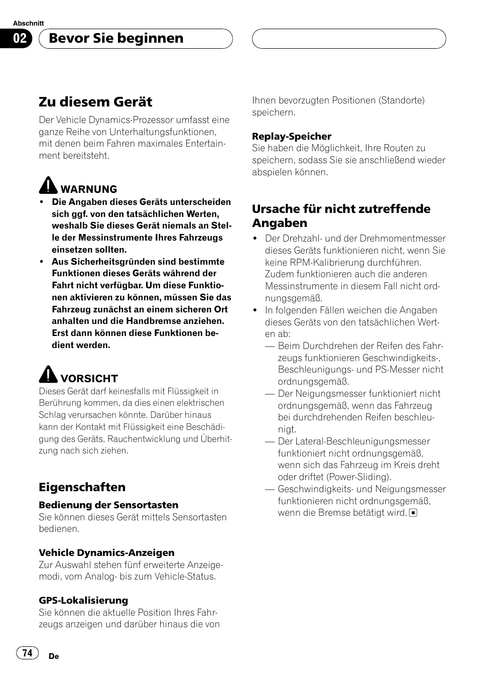 Bevor sie beginnen, Zu diesem gerät 74, Zu diesem gerät | Eigenschaften, Ursache für nicht zutreffende angaben | Pioneer AVG-VDP1 User Manual | Page 74 / 108