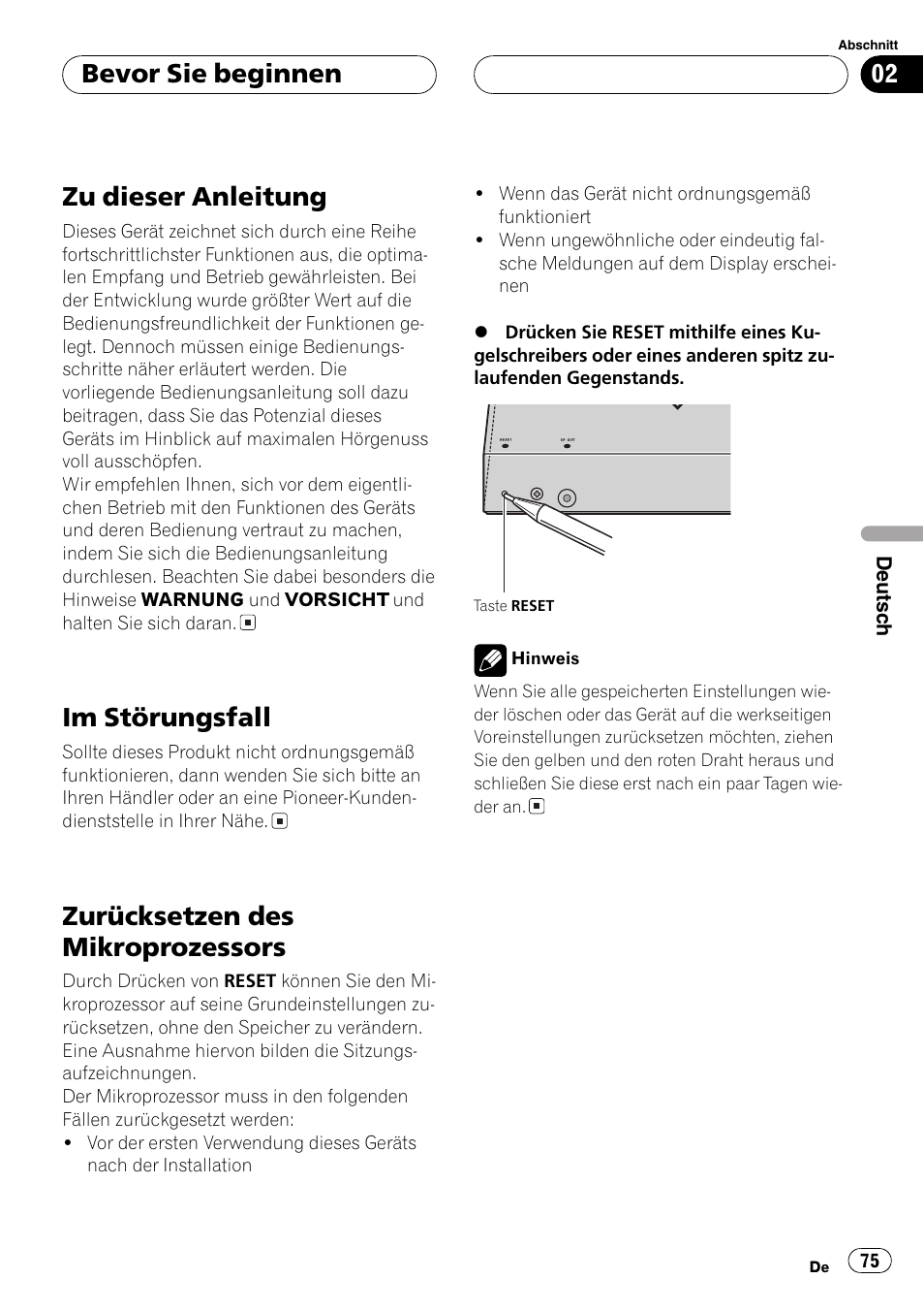 Zu dieser anleitung 75, Im störungsfall 75, Zurücksetzen des mikroprozessors 75 | Zu dieser anleitung, Im störungsfall, Zurücksetzen des mikroprozessors, Bevor sie beginnen | Pioneer AVG-VDP1 User Manual | Page 75 / 108