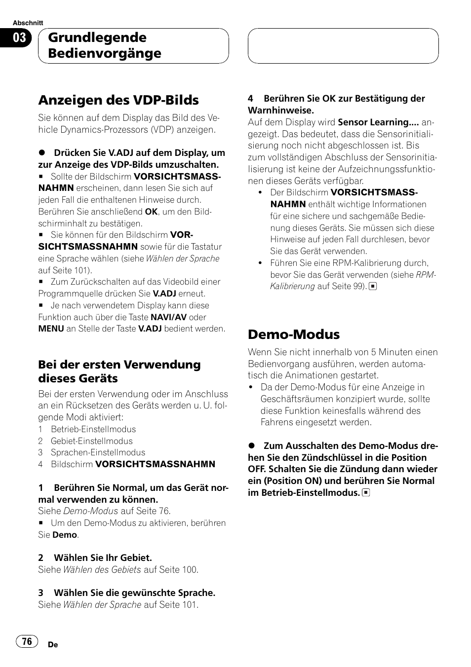 Grundlegende bedienvorgänge, Anzeigen des vdp-bilds 76, Demo-modus 76 | Anzeigen des vdp, Bilds auf seite 76), Anzeigen des vdp-bilds, Demo-modus | Pioneer AVG-VDP1 User Manual | Page 76 / 108