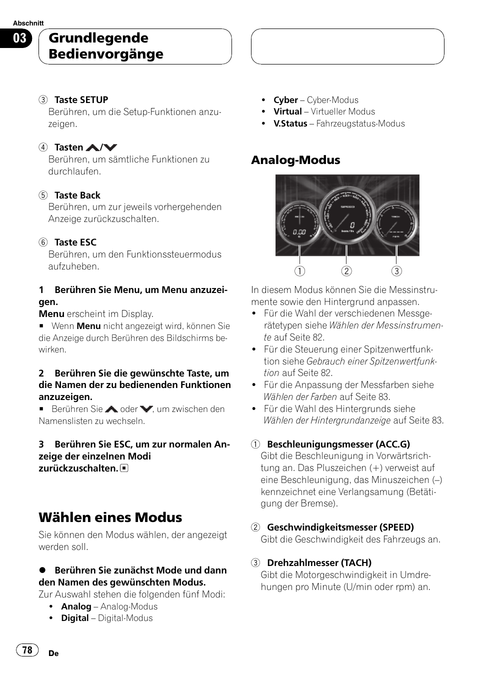 Wählen eines modus 78, Wählen eines modus auf seite, Wählen eines modus | Grundlegende bedienvorgänge, Analog-modus | Pioneer AVG-VDP1 User Manual | Page 78 / 108