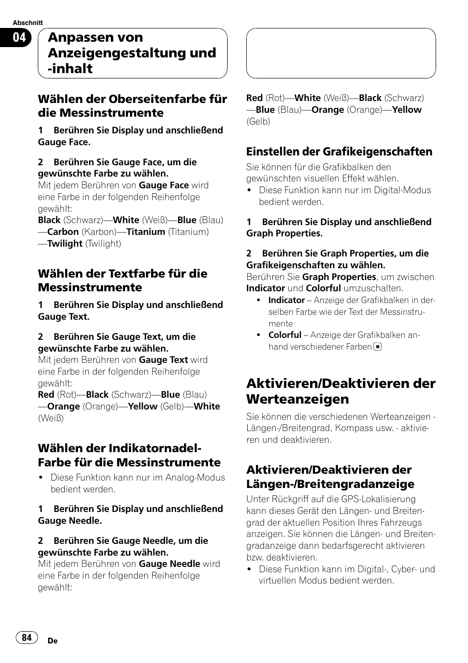 Aktivieren/deaktivieren der, Werteanzeigen 84, Aktivie | Ren/deaktivieren der werteanzeigen auf seite, Werteanzeigen auf seite 84), Aktivieren/deaktivieren der werteanzeigen, Anpassen von anzeigengestaltung und -inhalt | Pioneer AVG-VDP1 User Manual | Page 84 / 108