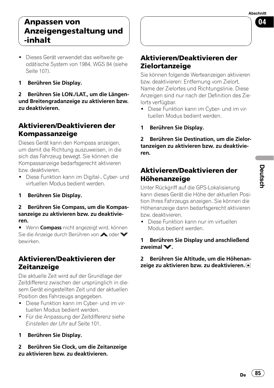 Anpassen von anzeigengestaltung und -inhalt | Pioneer AVG-VDP1 User Manual | Page 85 / 108