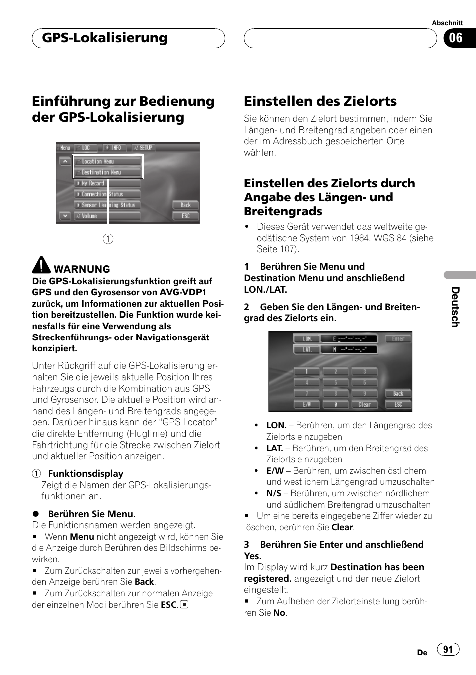 Gps-lokalisierung, Einführung zur bedienung der gps, Lokalisierung 91 | Einstellen des zielorts 91, Einführung zur bedienung der gps-lokalisierung, Einstellen des zielorts | Pioneer AVG-VDP1 User Manual | Page 91 / 108