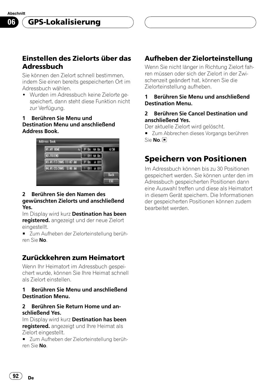 Speichern von positionen 92, Speichern von positionen, Gps-lokalisierung | Einstellen des zielorts über das adressbuch, Zurückkehren zum heimatort, Aufheben der zielorteinstellung | Pioneer AVG-VDP1 User Manual | Page 92 / 108