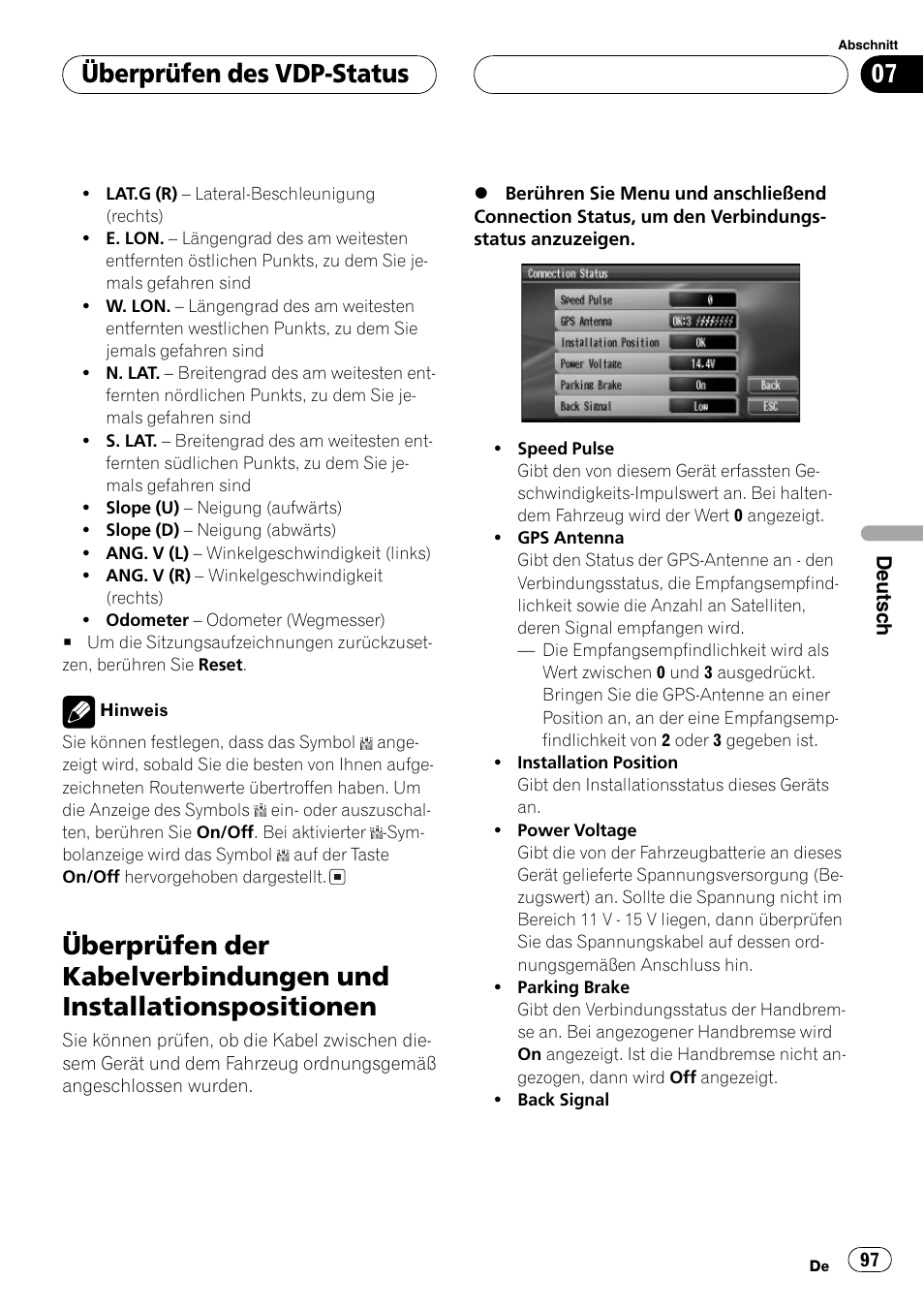 Überprüfen der kabelverbindungen und, Installationspositionen 97, Überprüfen des vdp-status | Pioneer AVG-VDP1 User Manual | Page 97 / 108
