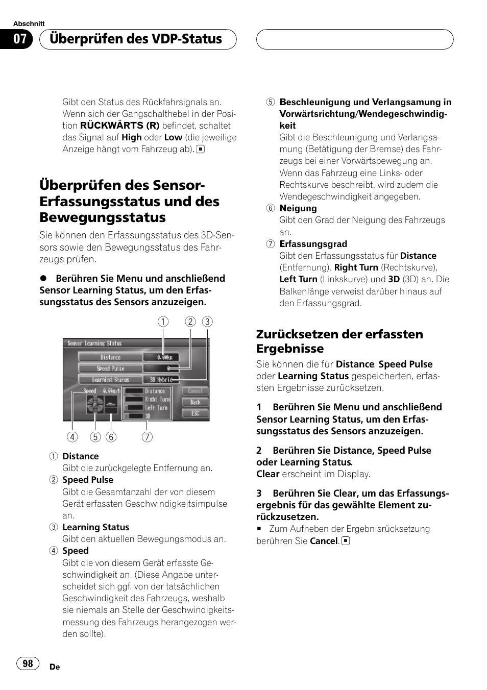 Überprüfen des sensor-erfassungsstatus, Und des bewegungsstatus 98, Überprüfen des vdp-status | Zurücksetzen der erfassten ergebnisse | Pioneer AVG-VDP1 User Manual | Page 98 / 108