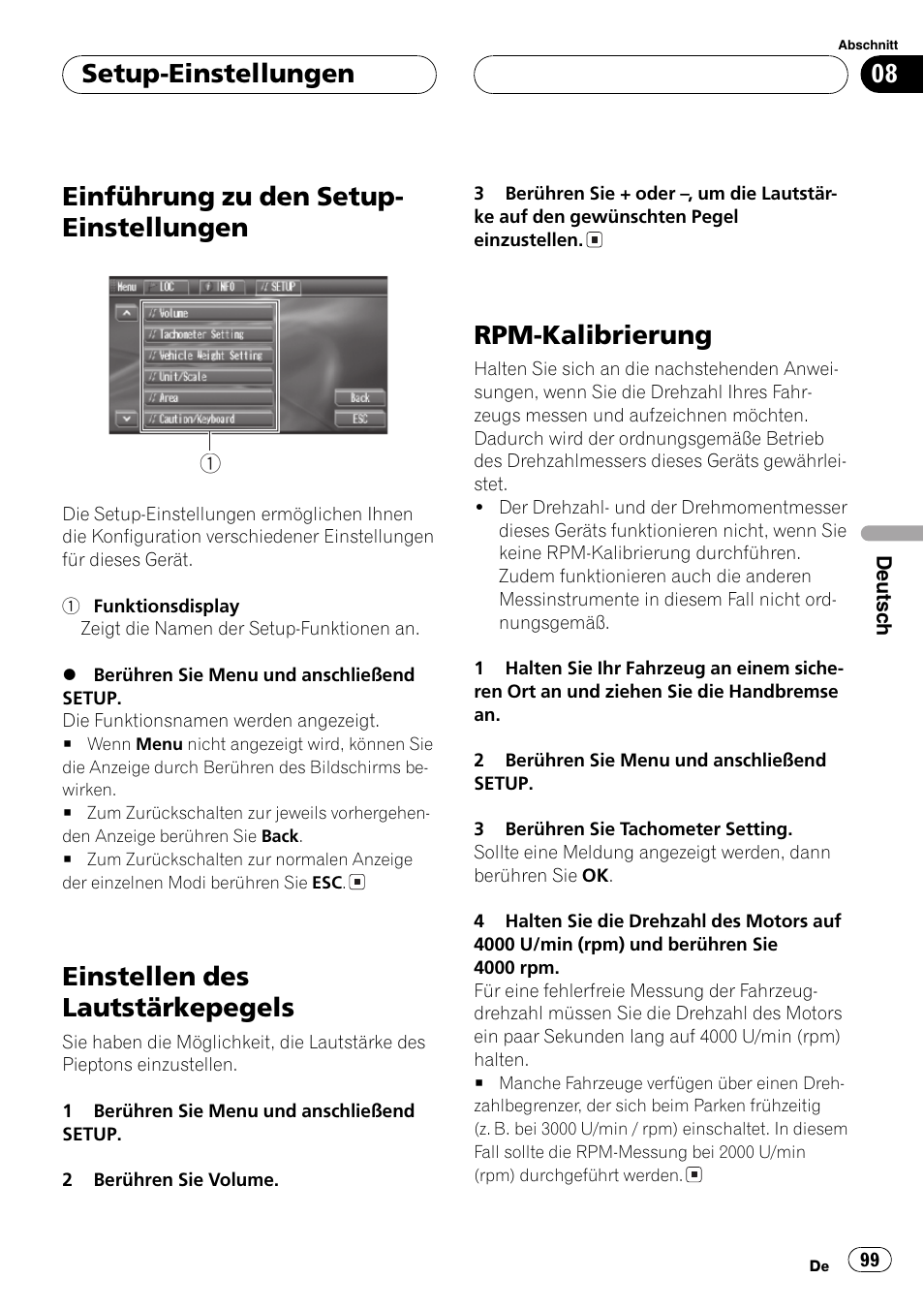 Setup-einstellungen, Einführung zu den setup-einstellungen 99, Einstellen des lautstärkepegels 99 | Rpm-kalibrierung 99, Rpm- kalibrierung auf seite 99), Einführung zu den setup- einstellungen, Einstellen des lautstärkepegels, Rpm-kalibrierung | Pioneer AVG-VDP1 User Manual | Page 99 / 108